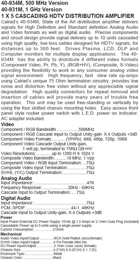 1 X 5 CASCADING HDTV DISTRIBUTION AMPLIFIER (500 MHz Version) (Calrad 40-934M)