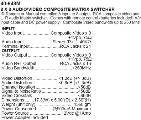 8 X 8 AUDIO\VIDEO COMPOSITE MATRIX SWITCHER (Calrad 40-948M)