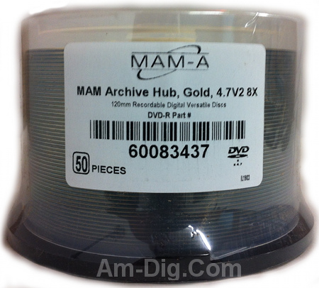 MAM-A 83437: GOLD DVD-R 4.7GB No Logo 50-Cakebox from Am-Dig