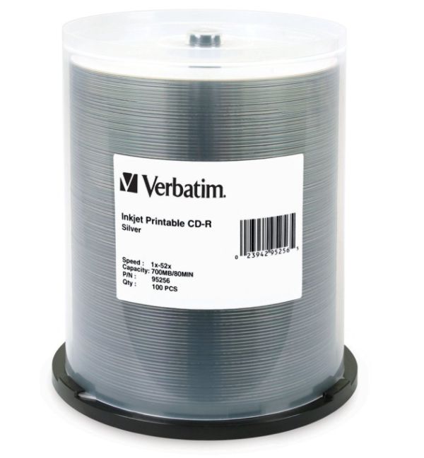 Verbatim 95256: CD-R 700MB 52x Silver Inkjet 100pk from Am-Dig