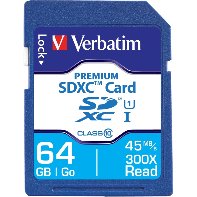 Verbatim 44024 Premium SDXC Memory Card 64GB 300X UHS-1 Class 10 TAA from Am-Dig