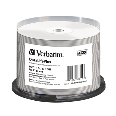 Verbatim 43754 DVD+R DL 8.5GB 8X DataLifePlus White Thermal Printable 50pk Spindle from Am-Dig